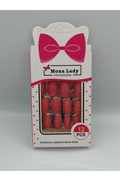 Mona Lady 12'li Kendinden Yapışkanlı Mat Pembe Takma Tırnak Protez Tırnak Kıs...