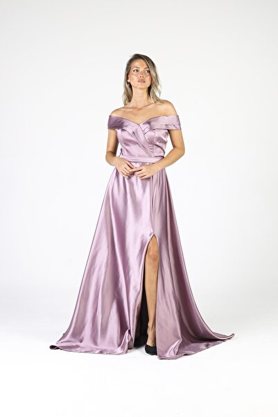 ALİS DRESS Omuzları Düşük Çapraz Lavanta Saten Abiye