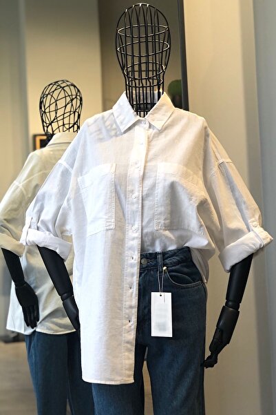 FEMELLE قميص نسائي أبيض بجيب مزدوج وكتف منسدل كبير الحجم من الكتان الأساسي (ا...