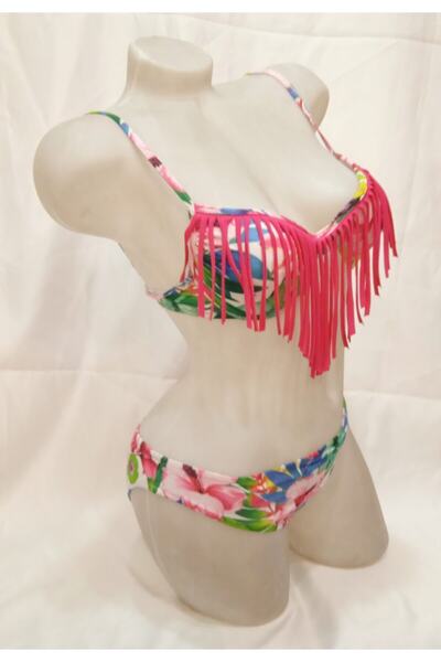 Angel Sea Γυναικείο σετ μπικίνι με ροζ φούντες και σχέδιο από φύλλα λουλουδιώ...