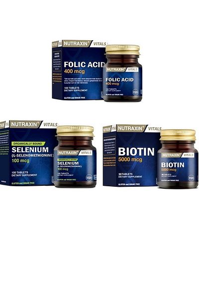 Nutraxin Folic Acid 100 T. + Selenometylionin - Selenium 100 T. + Biotin 5000 Mcg Vitamin and Mineral Supplement