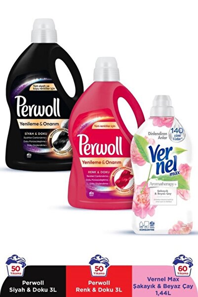Perwoll 3L Siyah + 3L Renkli + Vernel Max 1,44Lt Şakayık