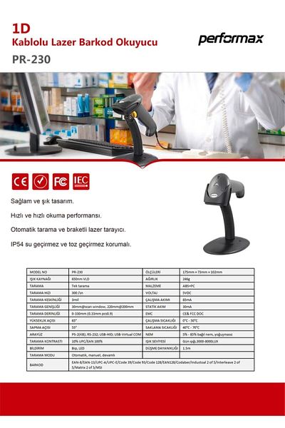 Performax Pr230 Laser 1d Usb Barcode Scanner + Stand