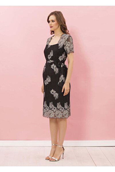 Genel Markalar Siyah Beyaz Dantel Abiye Kısa Hamile Elbise