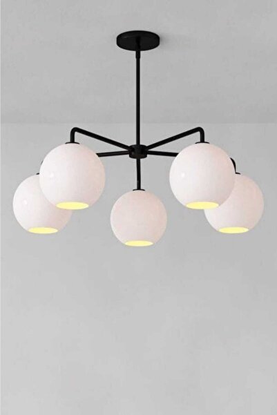 BSA LIGHTING Yağmur 5'li Siyah Avize (AÇIK AĞIZLI BEYAZ CAMLI)