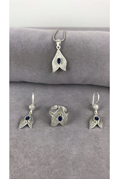 BEY SİLVER Telkari Safir Taşlı Çift Yaprak Gümüş Kadın Set