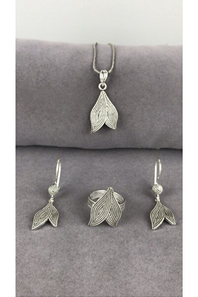 BEY SİLVER Telkari Çift Yaprak Gümüş Kadın Set