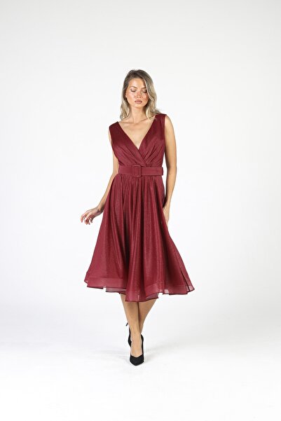 ALİS DRESS Bordo Rengi Kemerli Simli Şifon Elbise