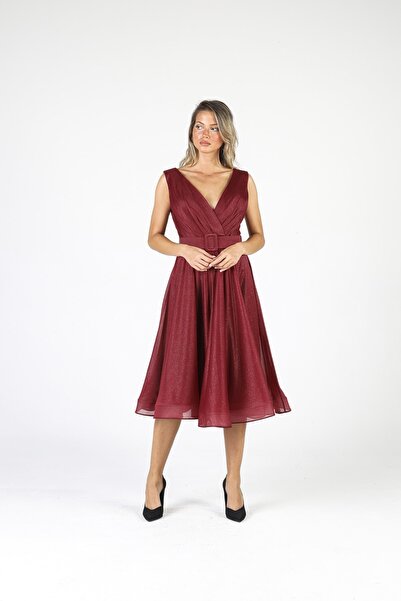 ALİS DRESS Bordo Rengi Kemerli Simli Şifon Elbise