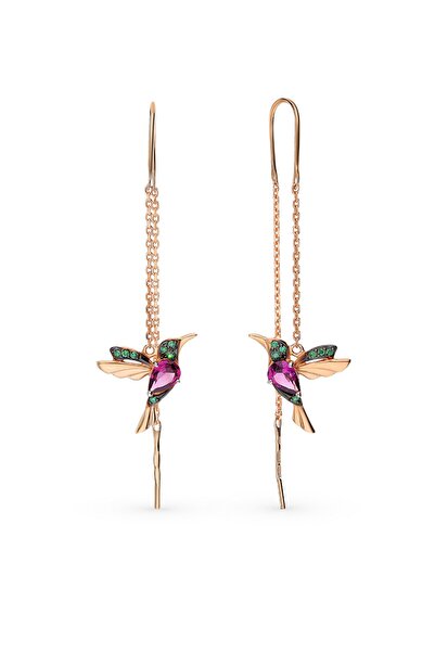 Elika Silver Kadın Rose Kaplama Kuş Model Sallantılı Zincir 925 Ayar Gümüş Küpe