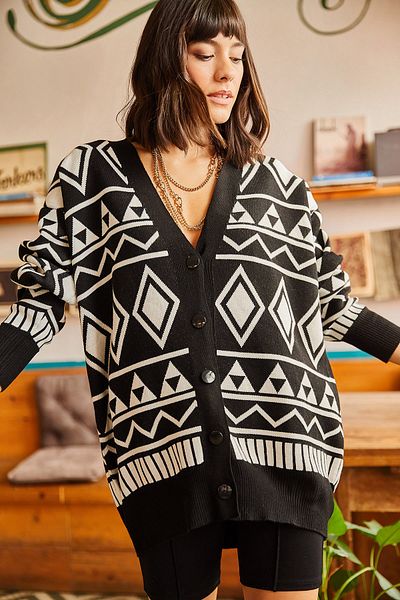 Olalook Dámské černé pletené zboží s etnickým vzorem Cardigan HRK-19000124