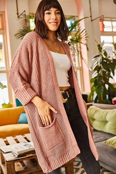 Olalook Woman's Dusty Rose Sleeve Folded Pocket Loose Knit Cardigan HRK-19000123