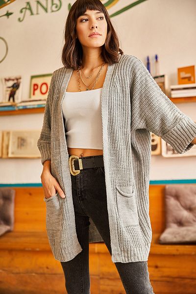 Olalook Graue Strickjacke mit gefalteten Armtaschen für Damen HRK-19000123