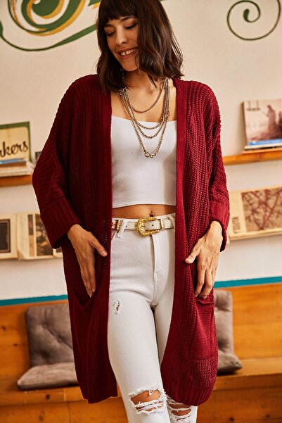 Olalook Woman's Burgundy Sleeve Folded Pocket Loose Knit Cardigan HRK-19000123