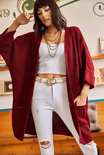 Olalook Woman's Burgundy Sleeve Folded Pocket Loose Knit Cardigan HRK-19000123