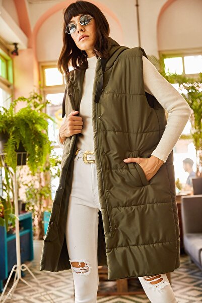 Olalook Kadın Haki Kapşonlu Cepli Şişme Yelek YLK-19000007
