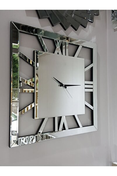 AYNA DENİZİ Square Silver Gümüş Renk 70 Cm X 70 Cm Dekoratif Aynalı Duvar Saati