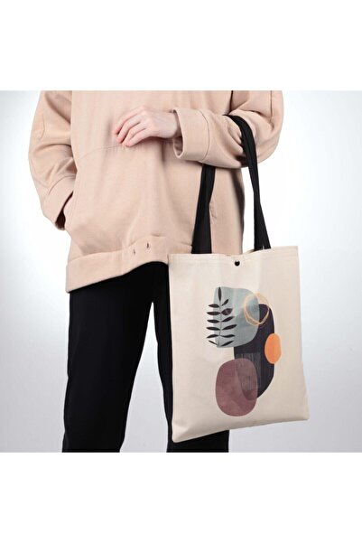 pamukcanta Geometric Design Thick Fabric Cloth Bag with Snap Fasteners