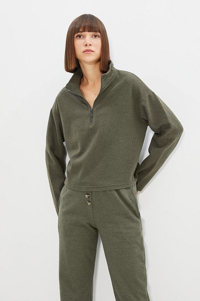 Trendyol Collection Khaki Thessaloniki/Knitwear Look Zip Límec Regular/Normal Fit Pletená mikina TWOAW22SW0732
