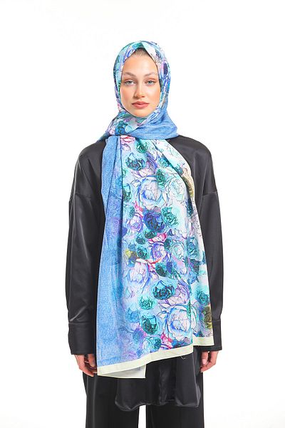 19V69 ITALIA Şal Albastru Galben Motiv Floral Seria Elegante cu Umeraş pentru eşarfe şi Set Cadou 75x200 Cm