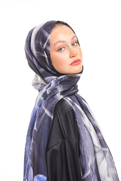 19V69 ITALIA Navy Blue Cream Shawl Geometric Floral Pattern Pavia Series with Scarf Hanger 90x200 Cm