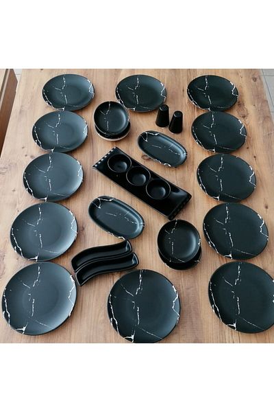 Demet Çeyiz Keramika Set Breakfast Marble Pattern Matte Black 26 Pieces for 12 People