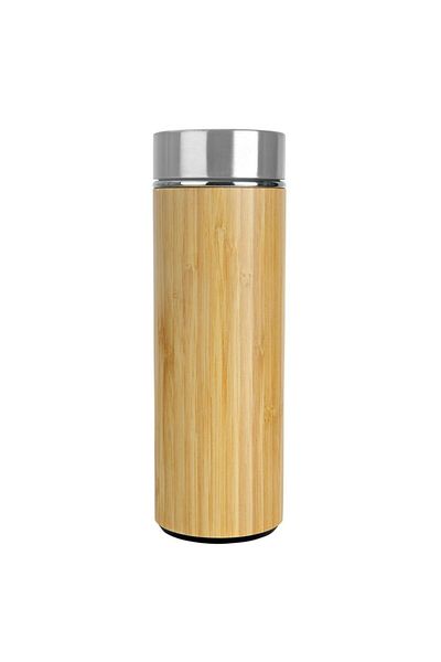 SEDEF SİLVER Double Layer Stainless Steel 450 Ml Wooden Bamboo Thermos with Filter