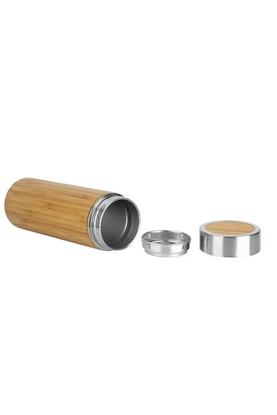 SEDEF SİLVER Double Layer Stainless Steel 450 Ml Wooden Bamboo Thermos with Filter