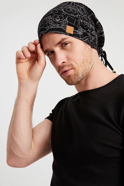 Butikgiz Men's Black, White Patterned, Rope Detailed 4 Season Hat Beanie Buff Ultra Soft Natural Combed Cotton
