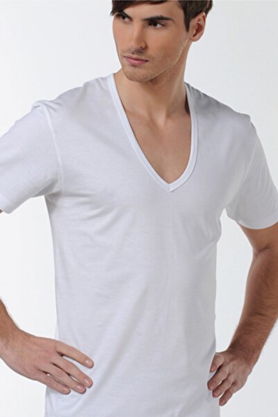 Çift Kaplan Erkek Derin V Yaka Beyaz T-shirt 0936