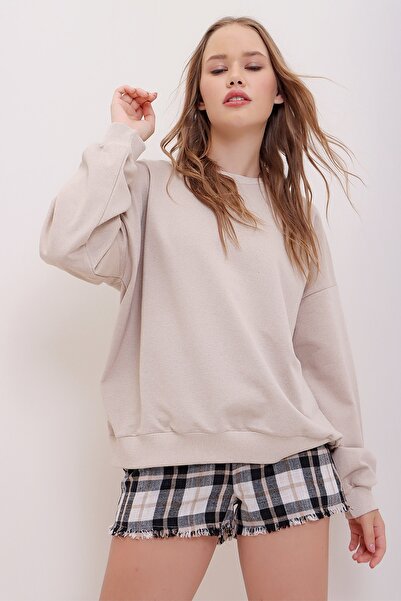 Trend Alaçatı Stili Sweatshirt - Beige - Oversized