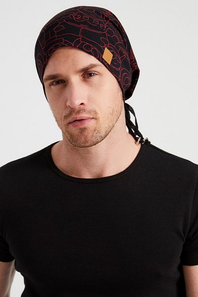 Butikgiz Men's Black, Red Patterned, Rope Detailed 4 Season Hat Beret Buff - Ultra Soft Natural Combed Cotton
