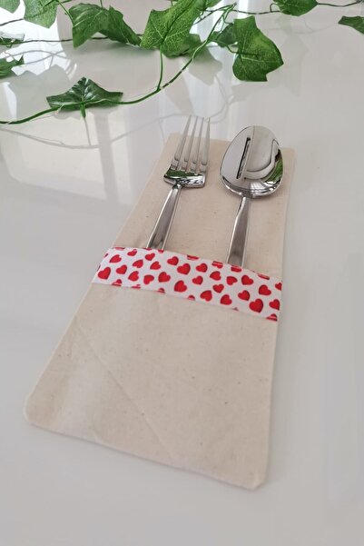 Emtory Home 6 Adet Kalp Şeritli Keten Kaşıklık Servis Sunum