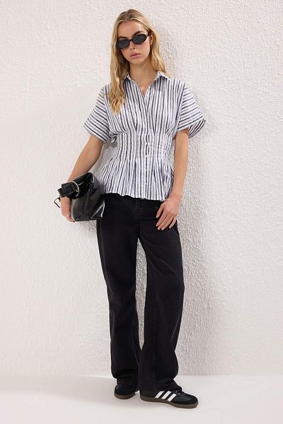 Trendyol Collection Black-White Striped Size Fitted Lycra Shirt Twoss25Go00167