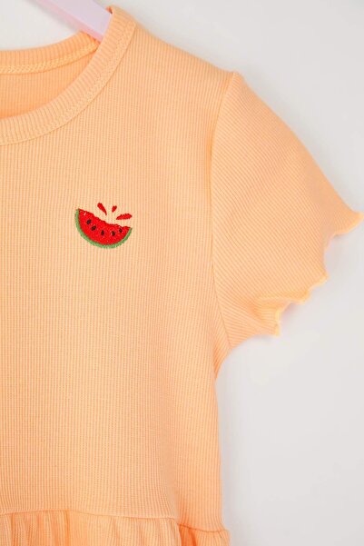 TRENDYOLKIDS Orange Girl Cotton Stretchy Mini Embroidered Knitted Dress Tkdss25El00008