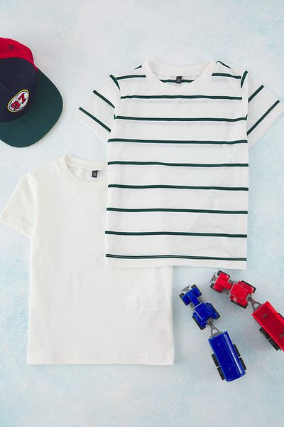TRENDYOLKIDS Mint-Ecru 2 Pack Boys Basic-Striped Regular Fit Short Sleeve Knitted T-Shirt Tkdss25Ts00025