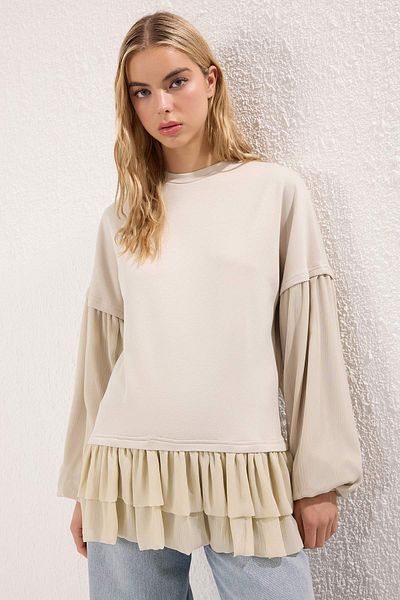 Trendyol Modest تونيك محبوك ومكشكش ومزخرف باللون البيج الفاتح TCTSS25UK00004