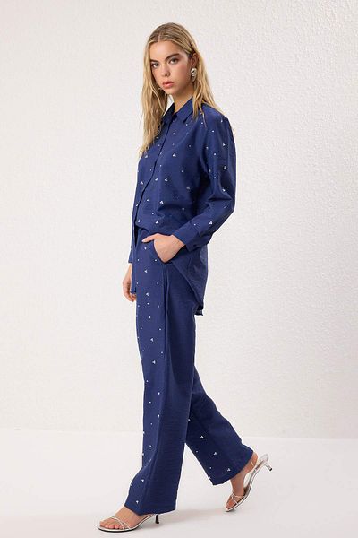 Trendyol Modest Sötétkék kő részletes szőtt alsó-felső készlet TCTAW25US00106