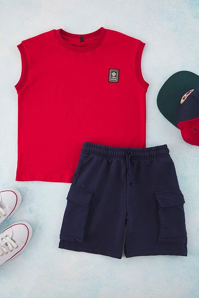 TRENDYOLKIDS Roter, schlichter, gestrickter Unter- und Oberteil-Anzug TKDSS25AU00026