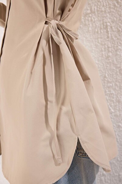 Trendyol Modest Beige Cotton Side Lace Detailed Woven Shirt Tctss25Tg00032