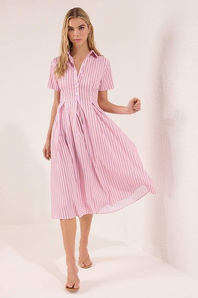 Trendyol Collection Pink Striped Skirt Waist Open Half Placket Midi Woven Dress Twoss25El00187