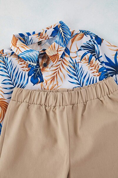 TRENDYOLKIDS Blue Tropical Woven Bottom - Top Set Tkdss25Au00037