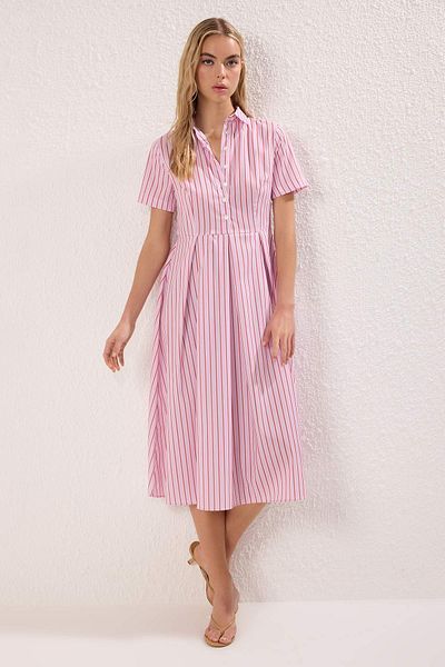 Trendyol Collection Pink Striped Skirt Waist Open Half Placket Midi Woven Dress Twoss25El00187