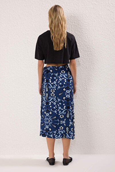 Trendyol Collection Blue Ethnic Patterned Double Breasted Viscose Skirt Twoss25Et00198