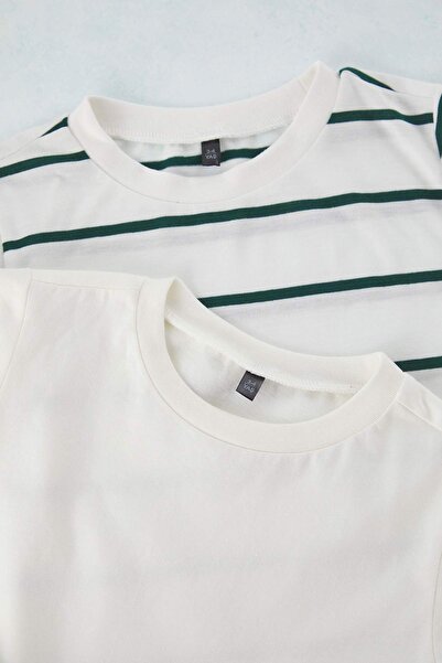 TRENDYOLKIDS Mint-Ecru 2'li Ανδρικό Πλεκτό Μπλουζάκι με κοντό μανίκι με ριγέ κανονική εφαρμογή TKDSS25TS00025