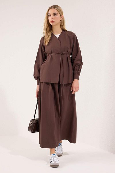 Trendyol Modest Καφέ βαμβακερή υφαντή φούστα TCTSS25US00051