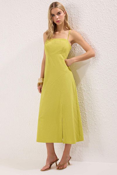 Trendyol Collection Oil Green Linen Blended A-Line Maxi Woven Dress Twoss25El00644