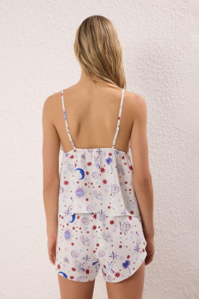 Trendyol Collection White-Multicolor Galaxy Tie Detail Shally Shorts Woven Pajama Set Thmss25Pt00356