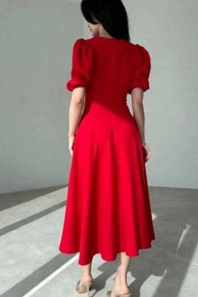 Mossta Balloon Sleeve Relaxed Cut Midi Crepe Dress - Red