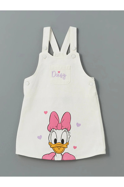 LC Waikiki White Daisy Duck Girl's Gabardine Salopet Dress